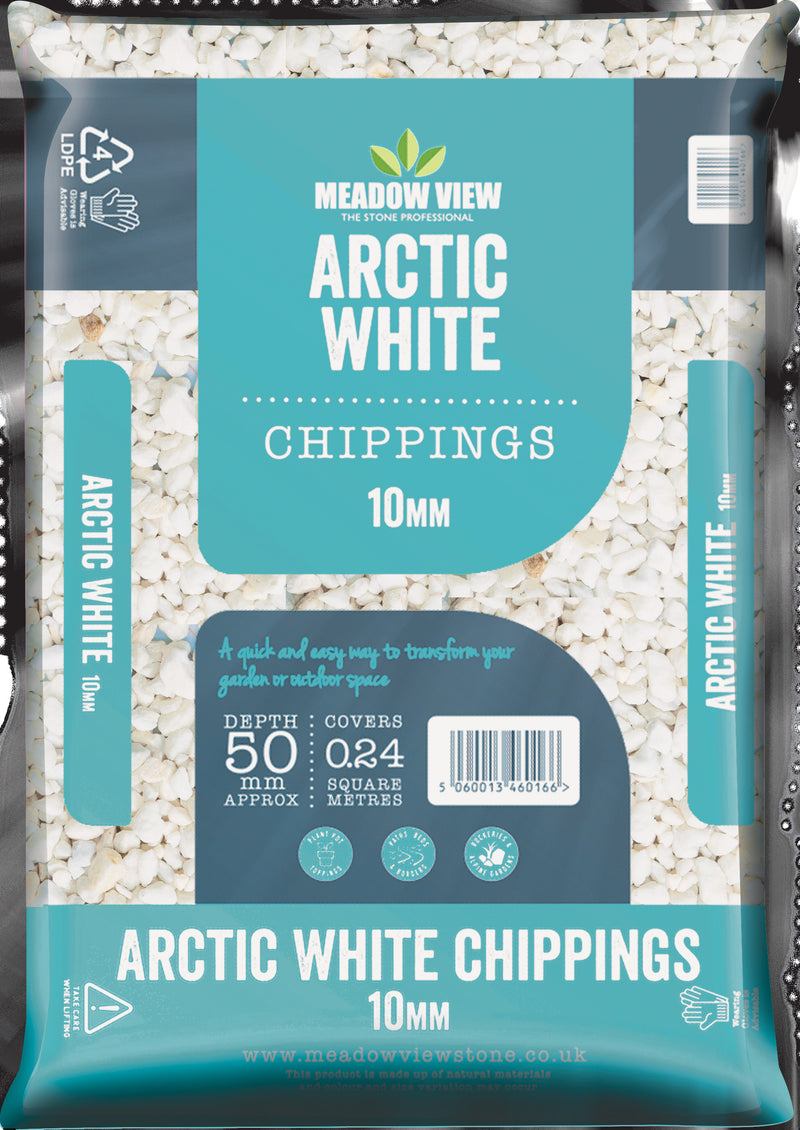 Arctic White Chippings 10mm Due to high sales volumes on aggregates please contact us on 01622 871 250 for a true stock count.