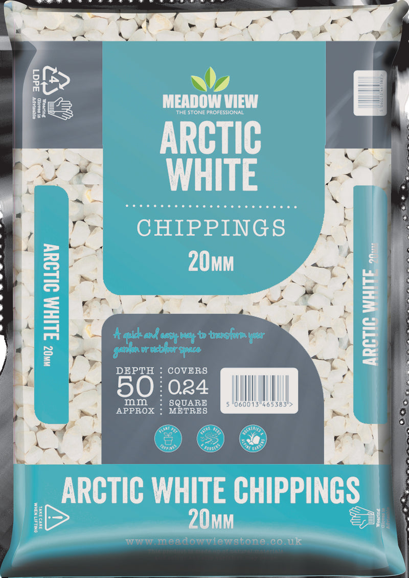 Arctic White Chippings 20mm Due to high sales volumes on aggregates please contact us on 01622 871 250 for a true stock count.