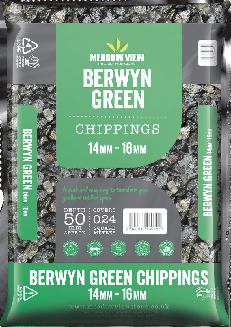 Berwyn Green Chippings 14-16mm Due to high sales volumes on aggregates please contact us on 01622 871 250 for a true stock count.