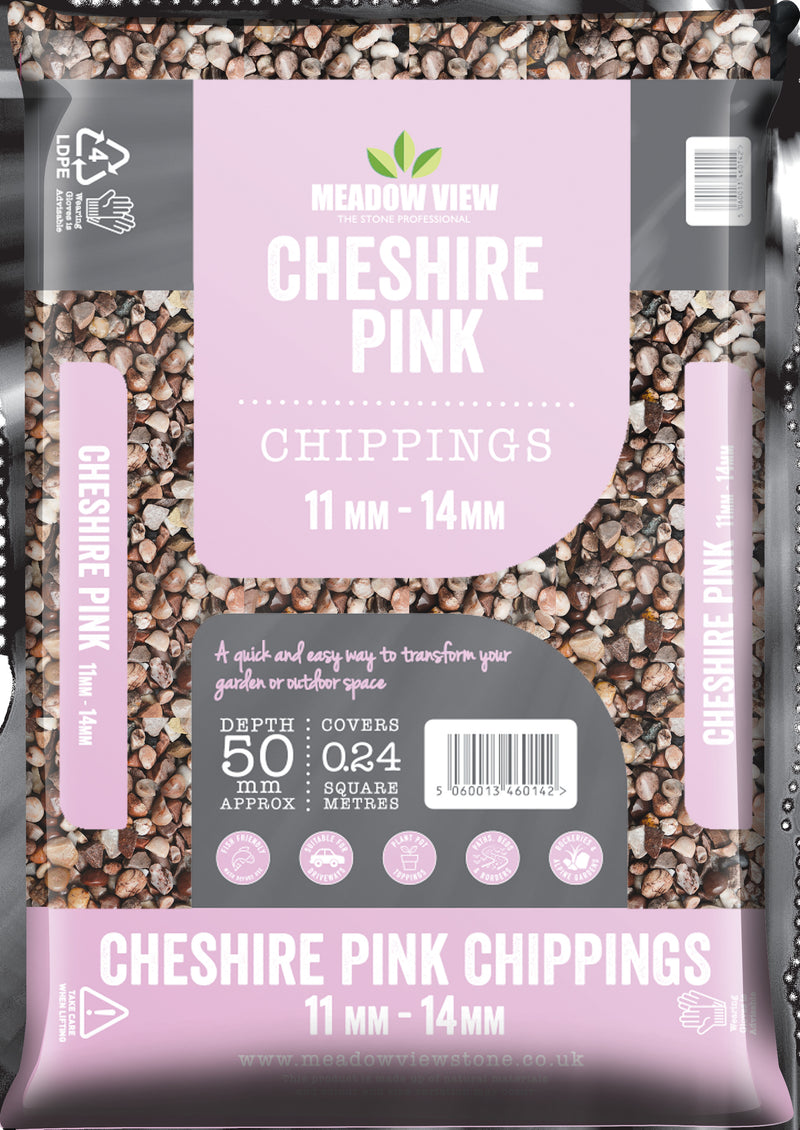 Cheshire Pink Chippings 11-14mm Due to high sales volumes on aggregates please contact us on 01622 871 250 for a true stock count.