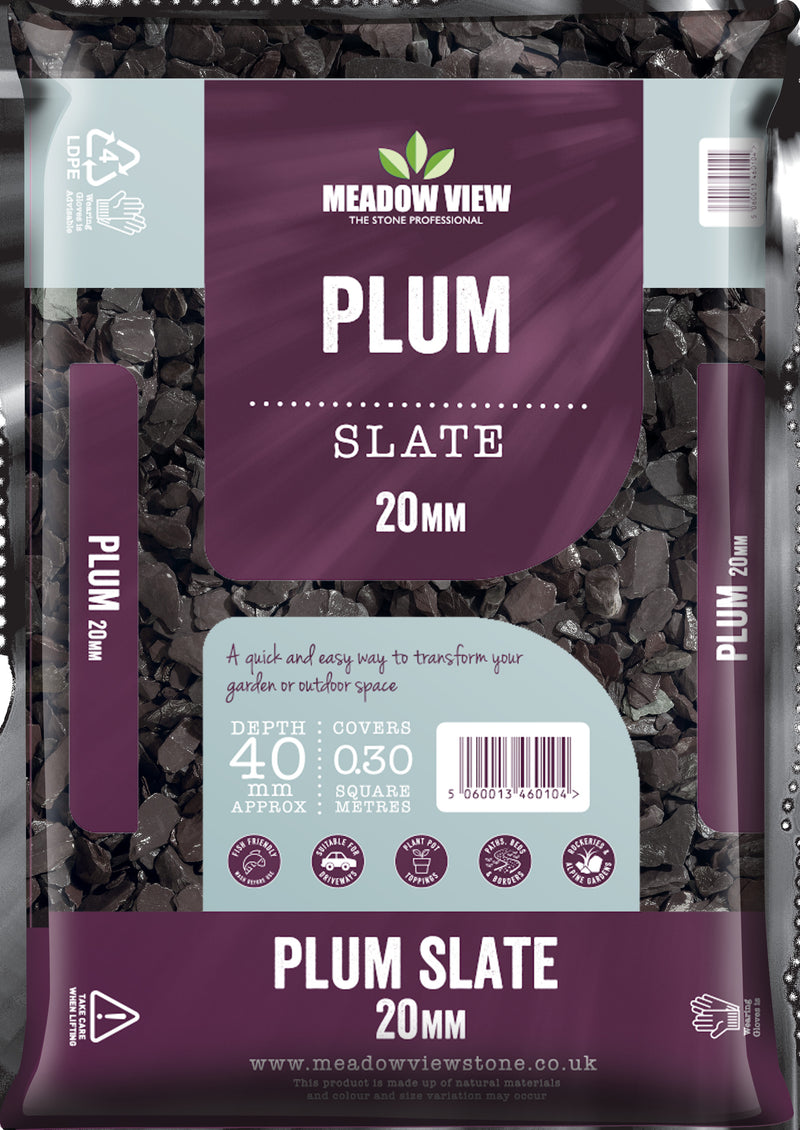 Plum Slate 20mm Due to high sales volumes on aggregates please contact us on 01622 871 250 for a true stock count.