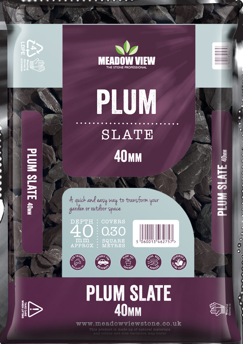 Plum Slate 40mm Due to high sales volumes on aggregates please contact us on 01622 871 250 for a true stock count.